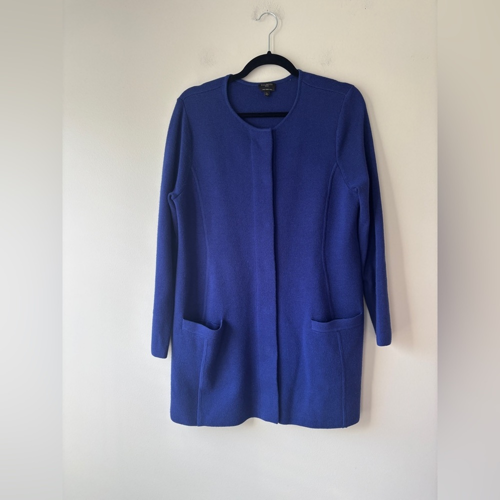 Talbots Women’s Long Blue‎ Cardigan Sweater Jacket Merino Wool Large Petite